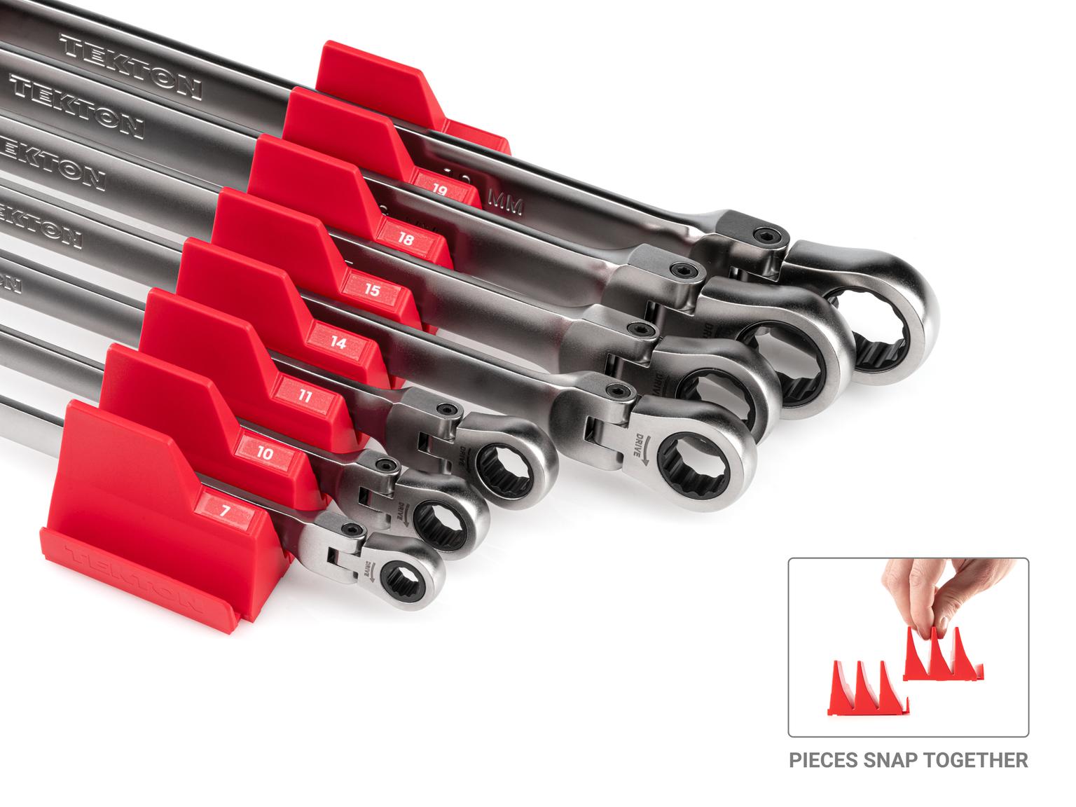 TEKTON WRB96301-T Long Flex Head 12-Point Ratcheting Box End Wrench Set with Modular Slotted Organizer, 7-Piece (6-19 mm)