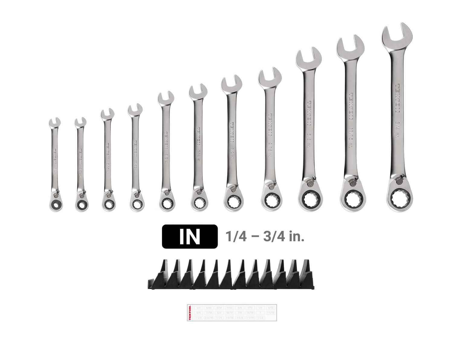 TEKTON WRC94300-T Reversible 12-Point Ratcheting Combination Wrench Set with Modular Slotted Organizer, 11-Piece (1/4-3/4 in.)