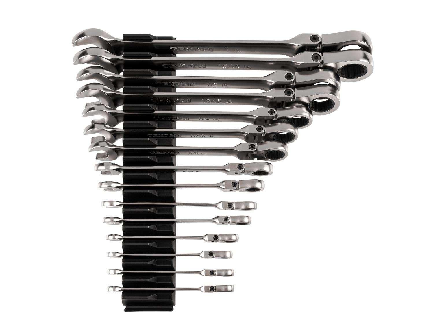 TEKTON WRC95301-T Flex Head 12-Point Ratcheting Combination Wrench Set with Modular Slotted Organizer, 15-Piece (1/4-1 in.)