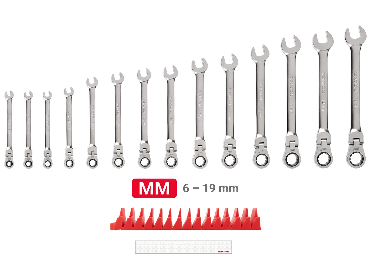 TEKTON WRC95302-T Flex Head 12-Point Ratcheting Combination Wrench Set with Modular Slotted Organizer, 14-Piece (6-19 mm)
