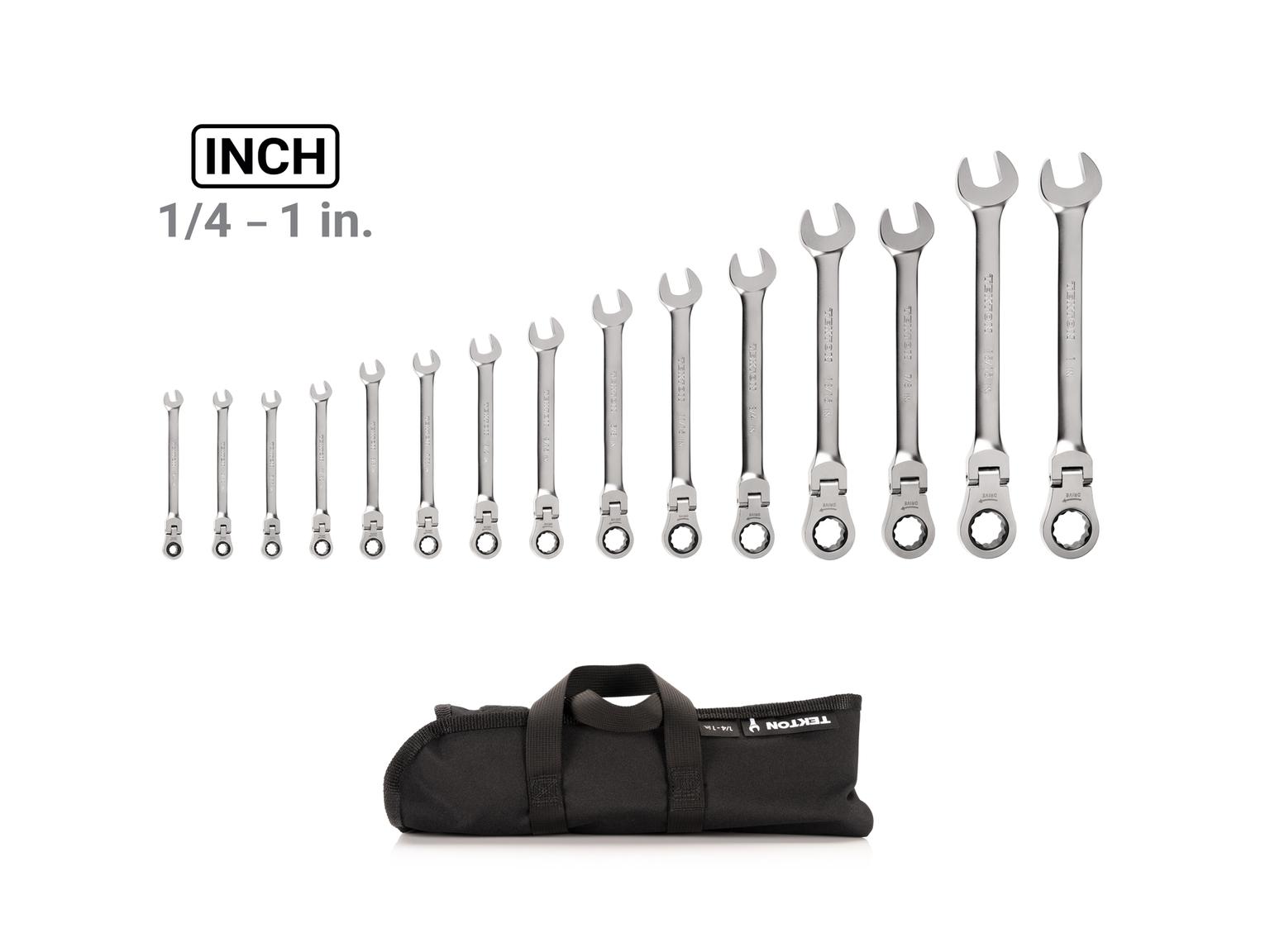 TEKTON WRC95401-T Flex Head 12-Point Ratcheting Combination Wrench Set with Pouch, 15-Piece (1/4-1 in.)