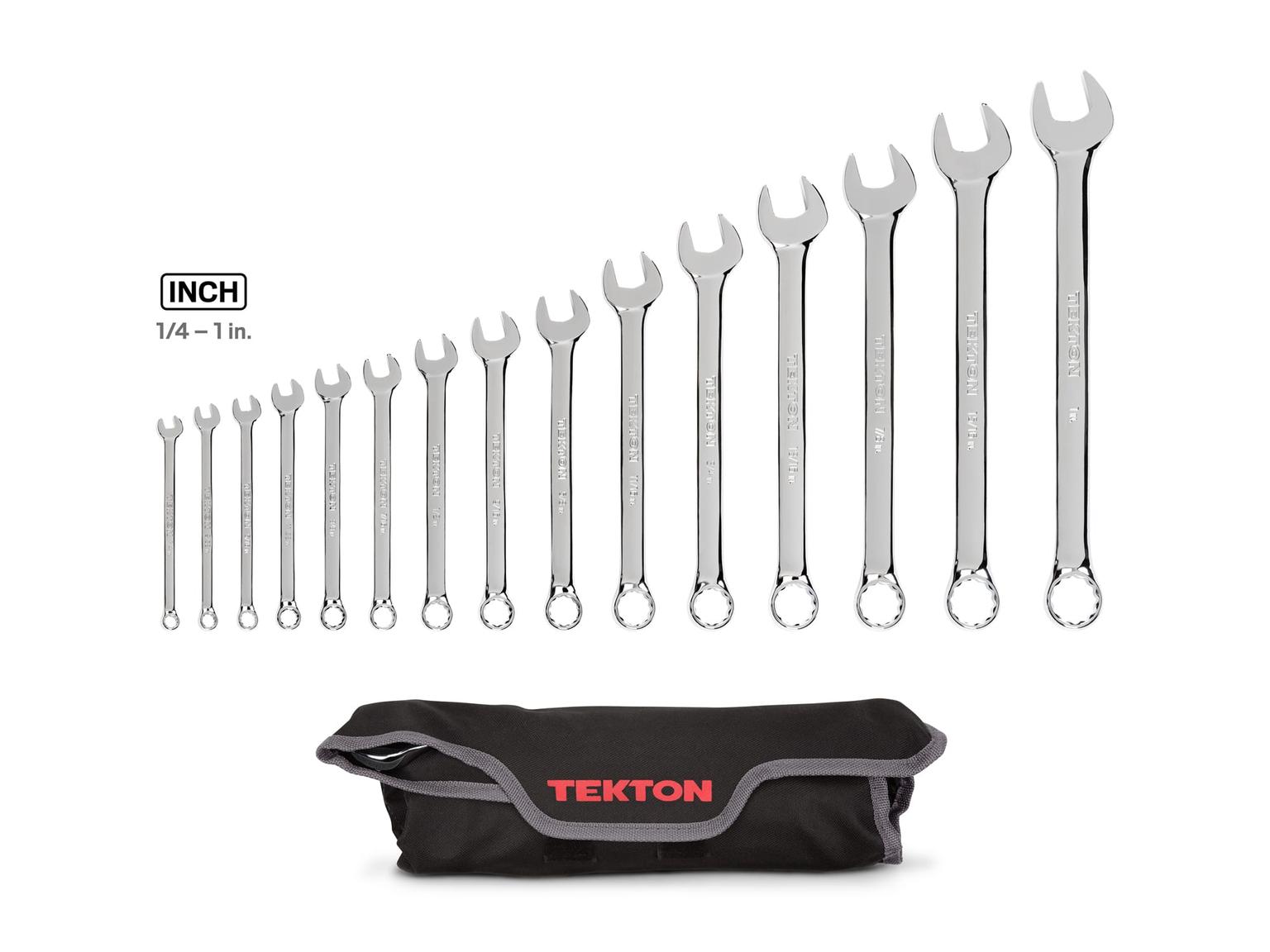 TEKTON WRN03293-T Combination Wrench Set with Pouch, 15-Piece (1/4 - 1 inch)