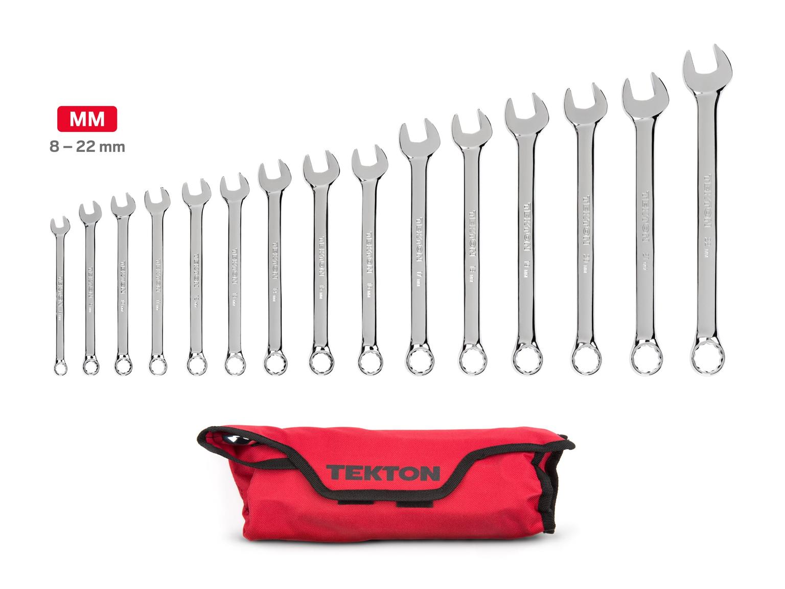 TEKTON WRN03393-T Combination Wrench Set with Pouch, 15-Piece (8 - 22 mm)