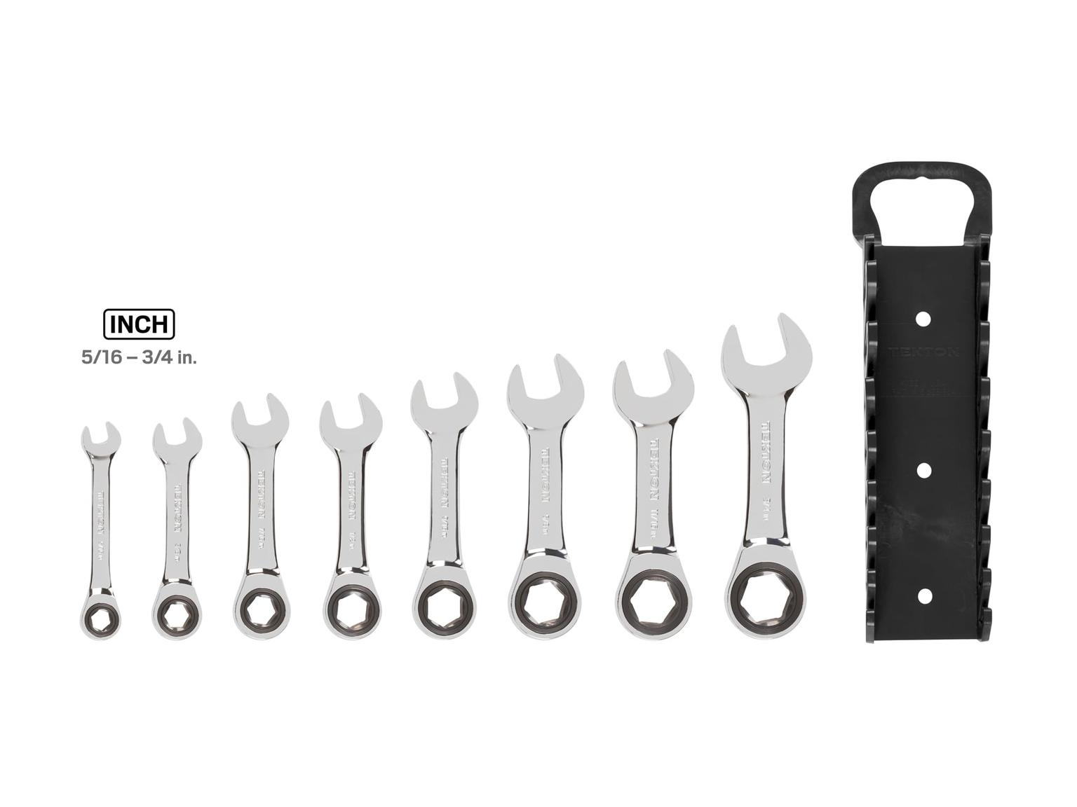 TEKTON WRN50066-T Stubby Ratcheting Combination Wrench Set with Holder, 8-Piece (5/16-3/4 in.)