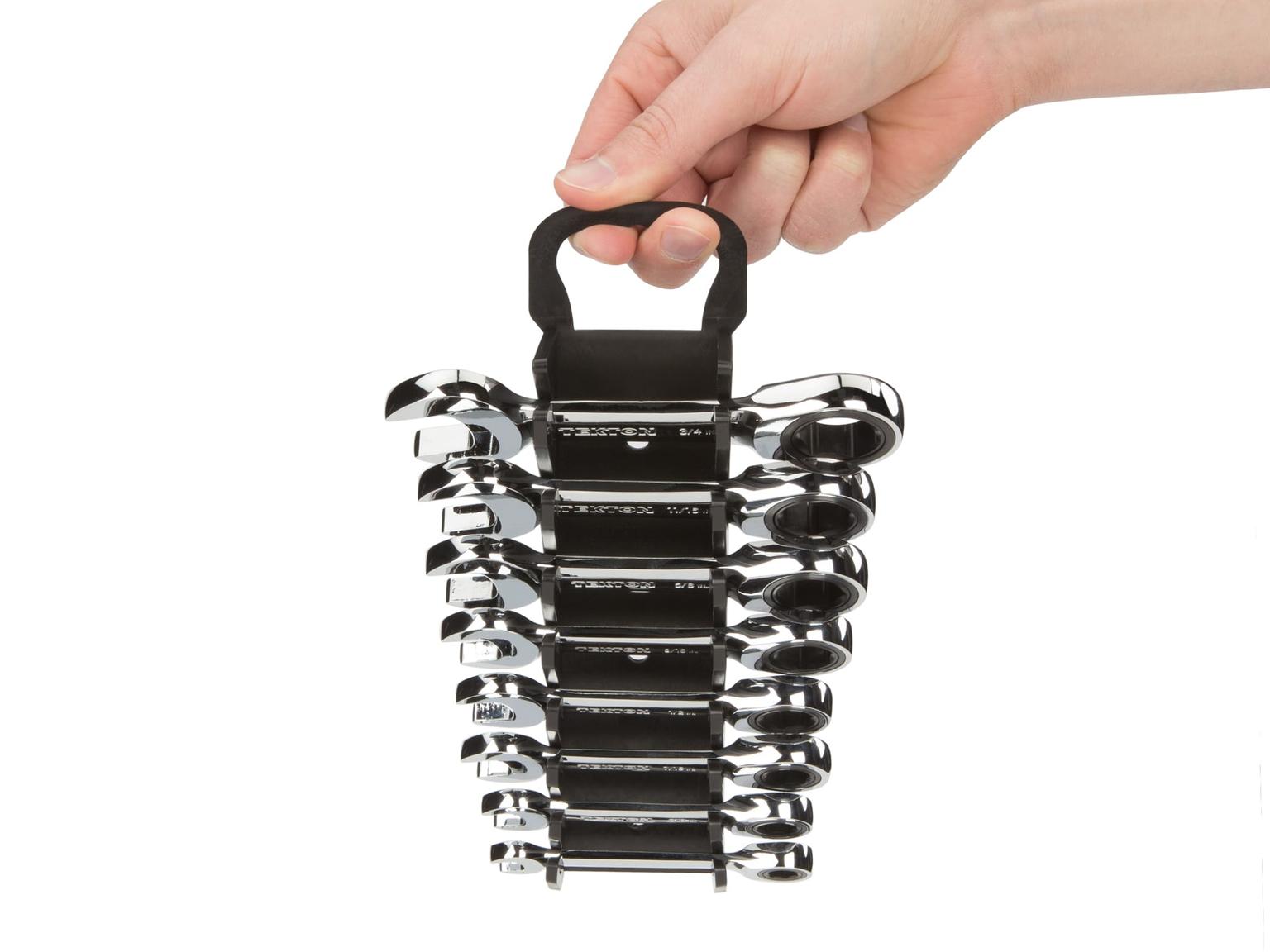 TEKTON WRN50066-T Stubby Ratcheting Combination Wrench Set with Holder, 8-Piece (5/16-3/4 in.)