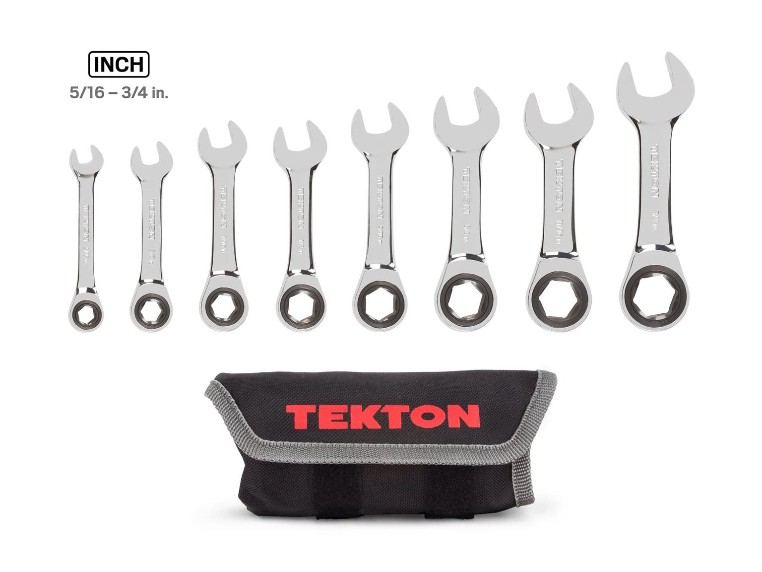 TEKTON WRN50086-T Stubby Ratcheting Combination Wrench Set with Pouch, 8-Piece (5/16-3/4 in.)