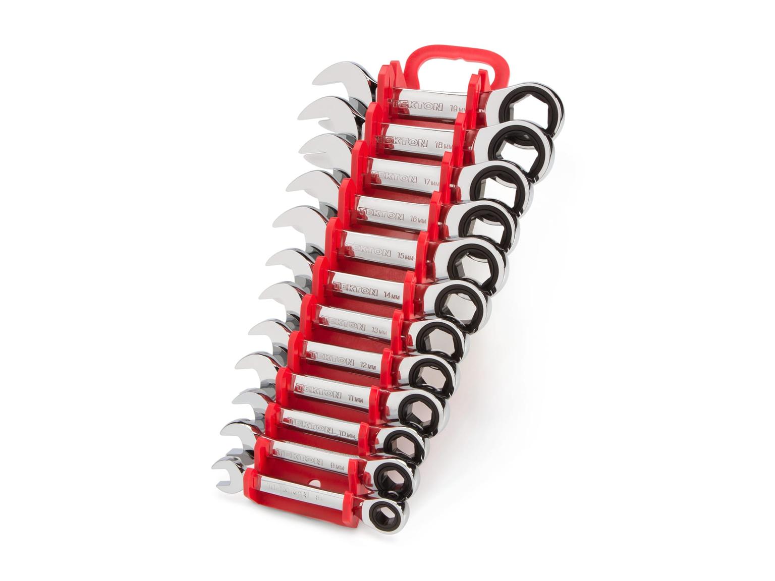 TEKTON WRN50170-T Stubby Ratcheting Combination Wrench Set with Holder, 12-Piece (8-19 mm)