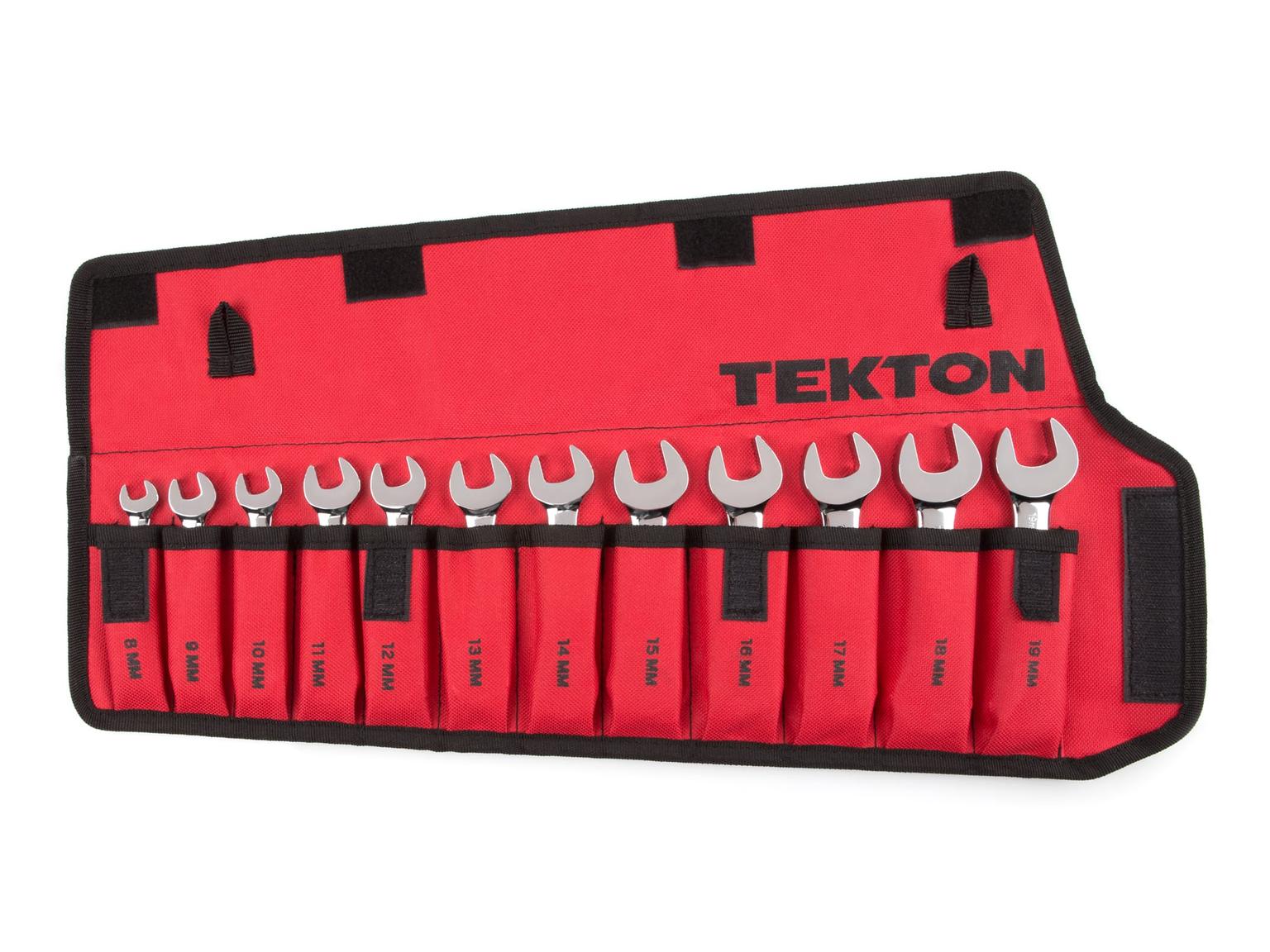 TEKTON WRN50190-T Stubby Ratcheting Combination Wrench Set with Pouch, 12-Piece (8-19 mm)