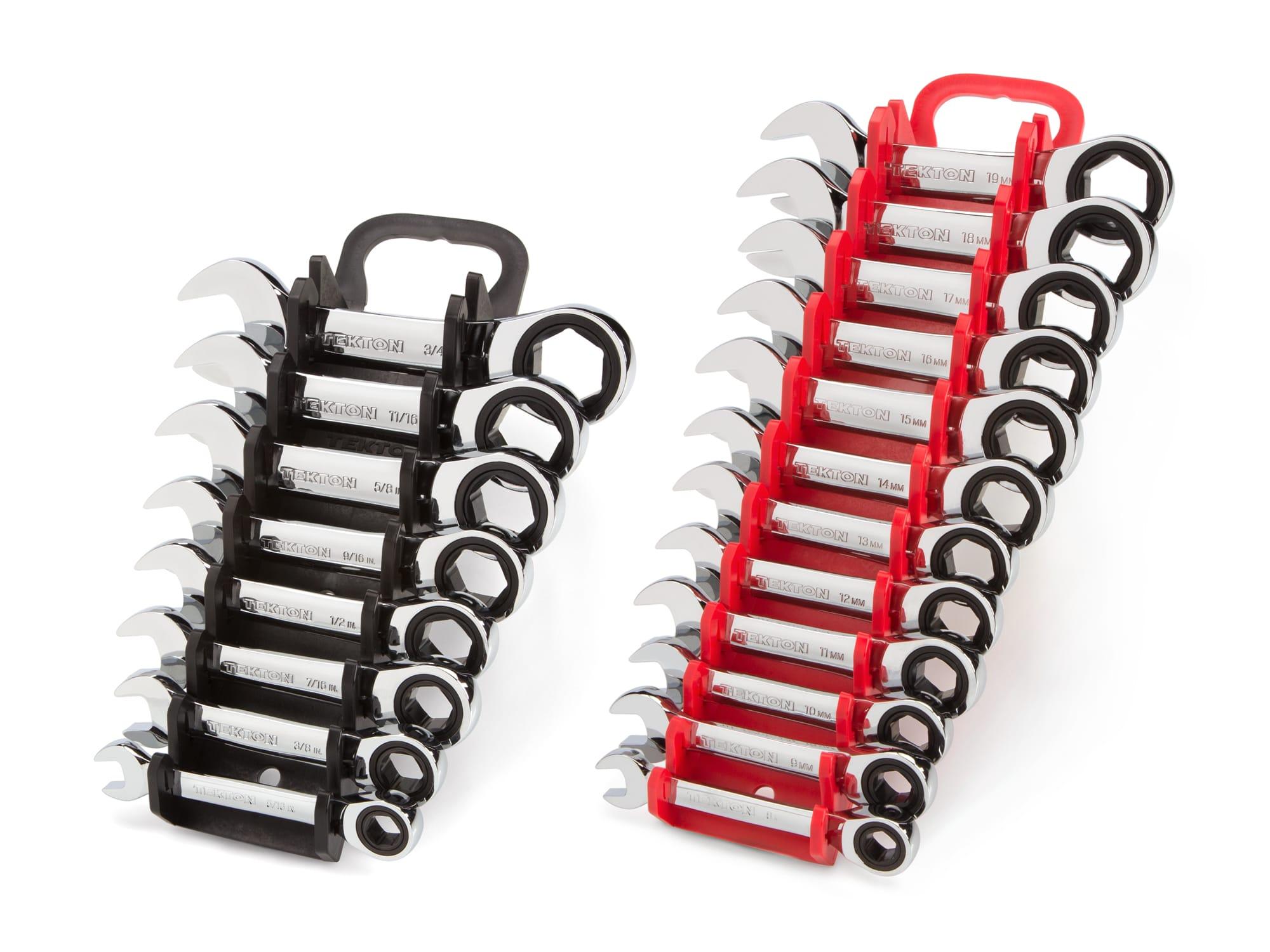 TEKTON WRN50321-T Stubby Ratcheting Combination Wrench Set with Holder, 20-Piece (5/16-3/4 in., 8-19 mm)