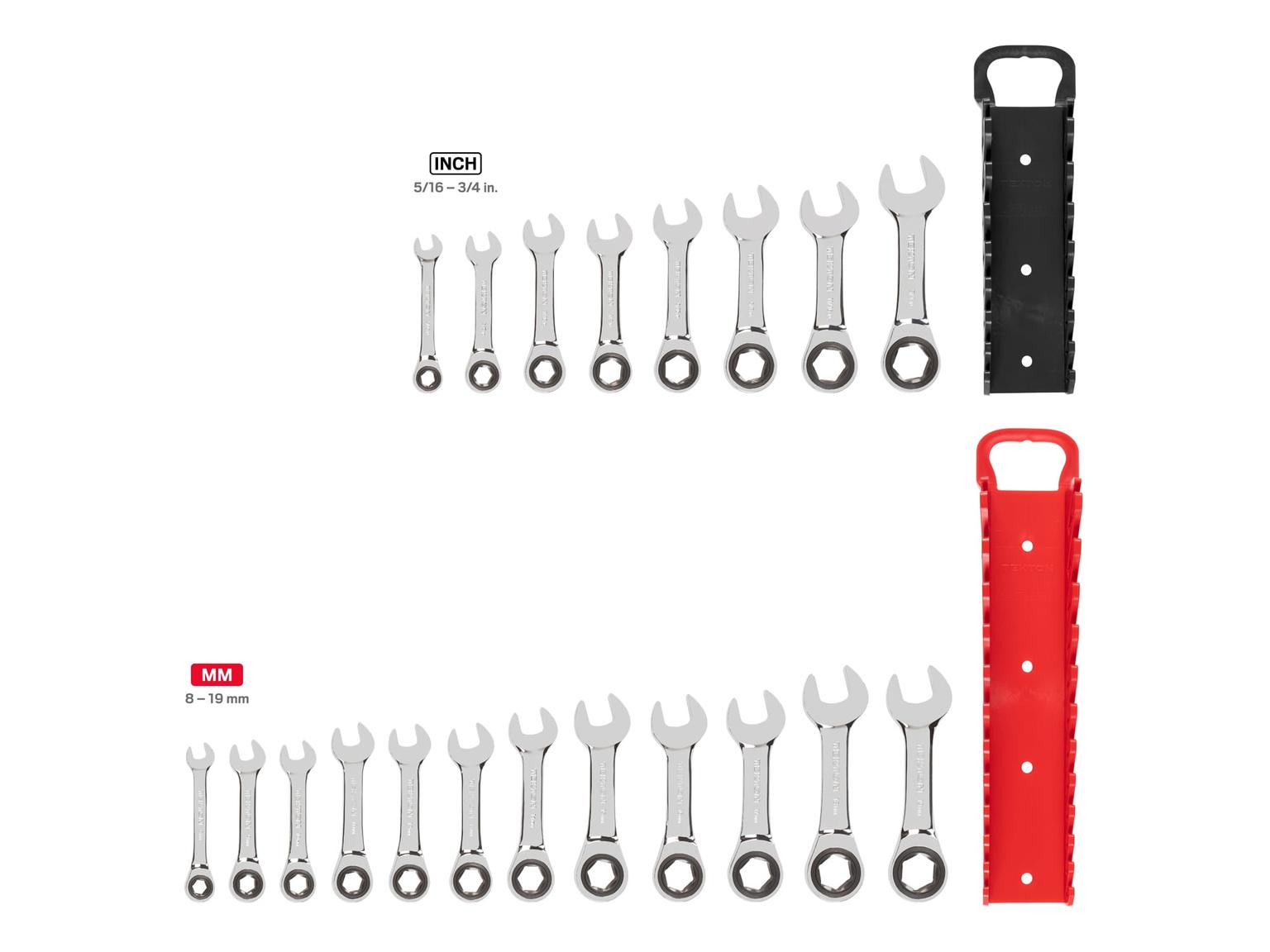 TEKTON WRN50321-T Stubby Ratcheting Combination Wrench Set with Holder, 20-Piece (5/16-3/4 in., 8-19 mm)