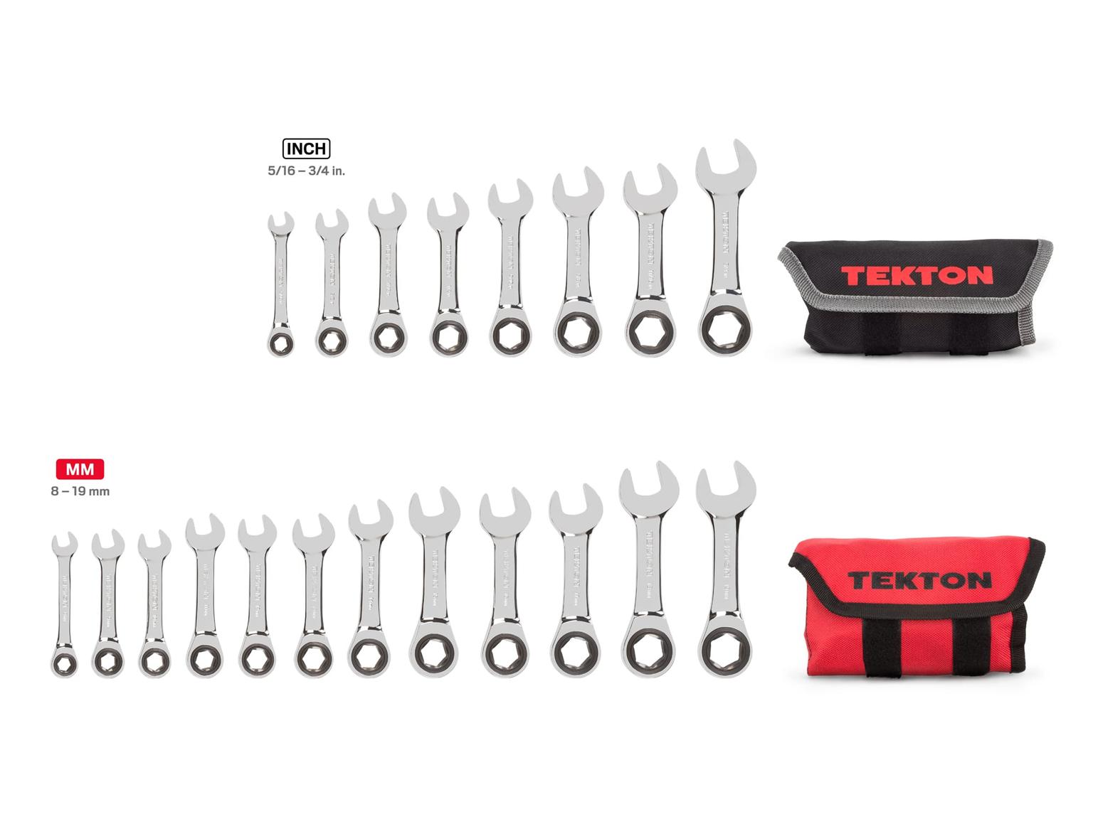 TEKTON WRN50361-T Stubby Ratcheting Combination Wrench Set with Pouch, 20-Piece (5/16-3/4 in., 8-19 mm)
