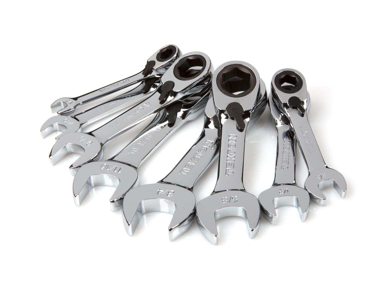 TEKTON WRN51086-T Stubby Reversible Ratcheting Combination Wrench Set, 8-Piece (5/16-3/4 in.) with Pouch