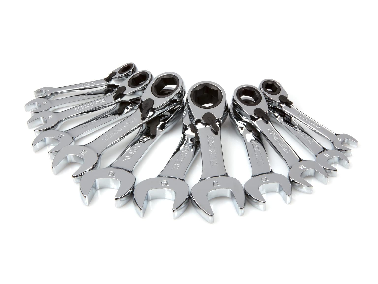 TEKTON WRN51170-T Stubby Reversible Ratcheting Combination Wrench Set, 12-Piece (8-19 mm) with Holder