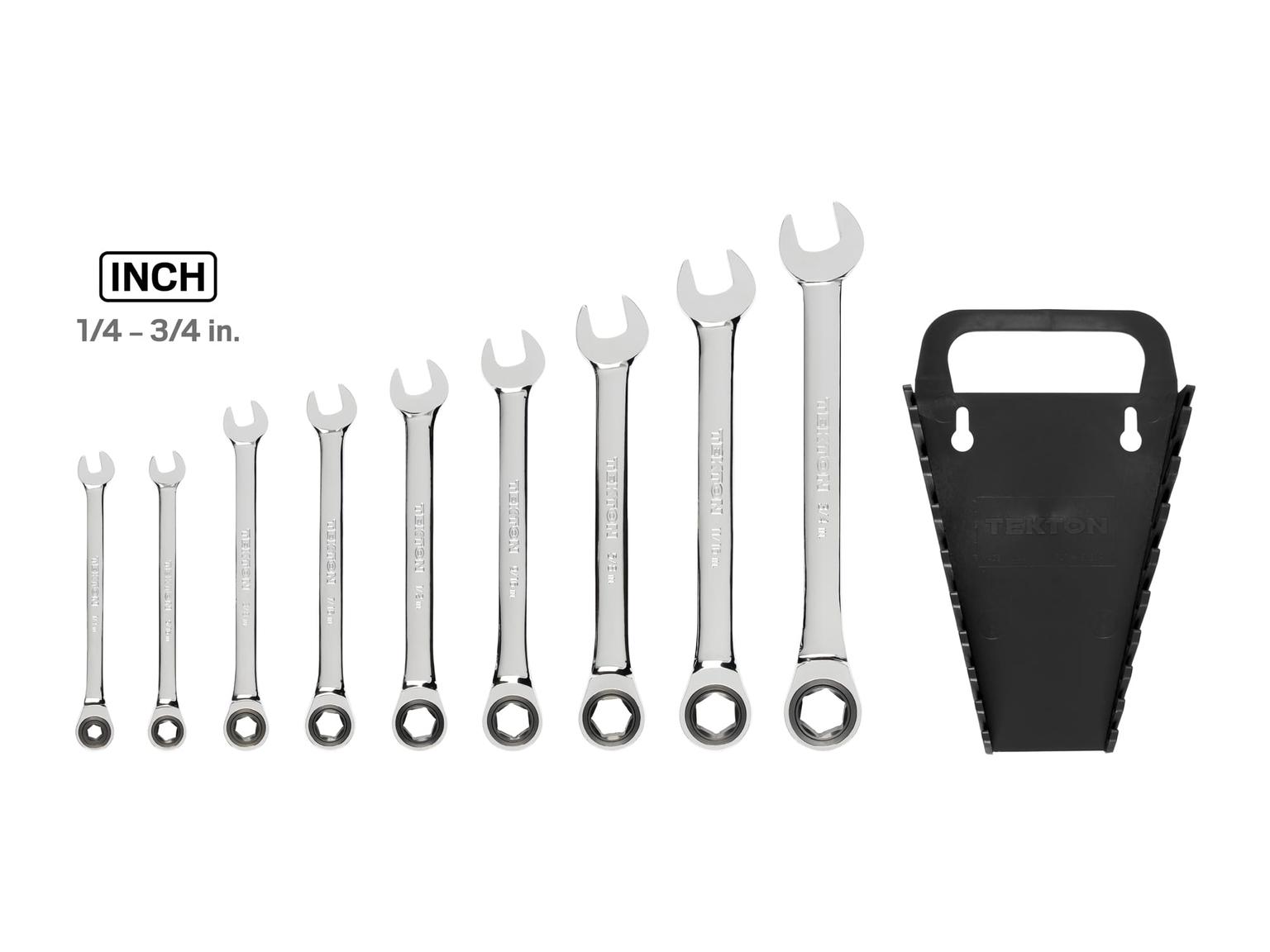 TEKTON WRN53067-T Ratcheting Combination Wrench Set with Holder, 9-Piece (1/4-3/4 in.)