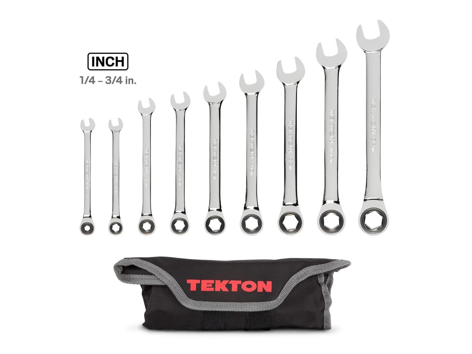 TEKTON WRN53087-T Ratcheting Combination Wrench Set with Pouch, 9-Piece (1/4-3/4 in.)