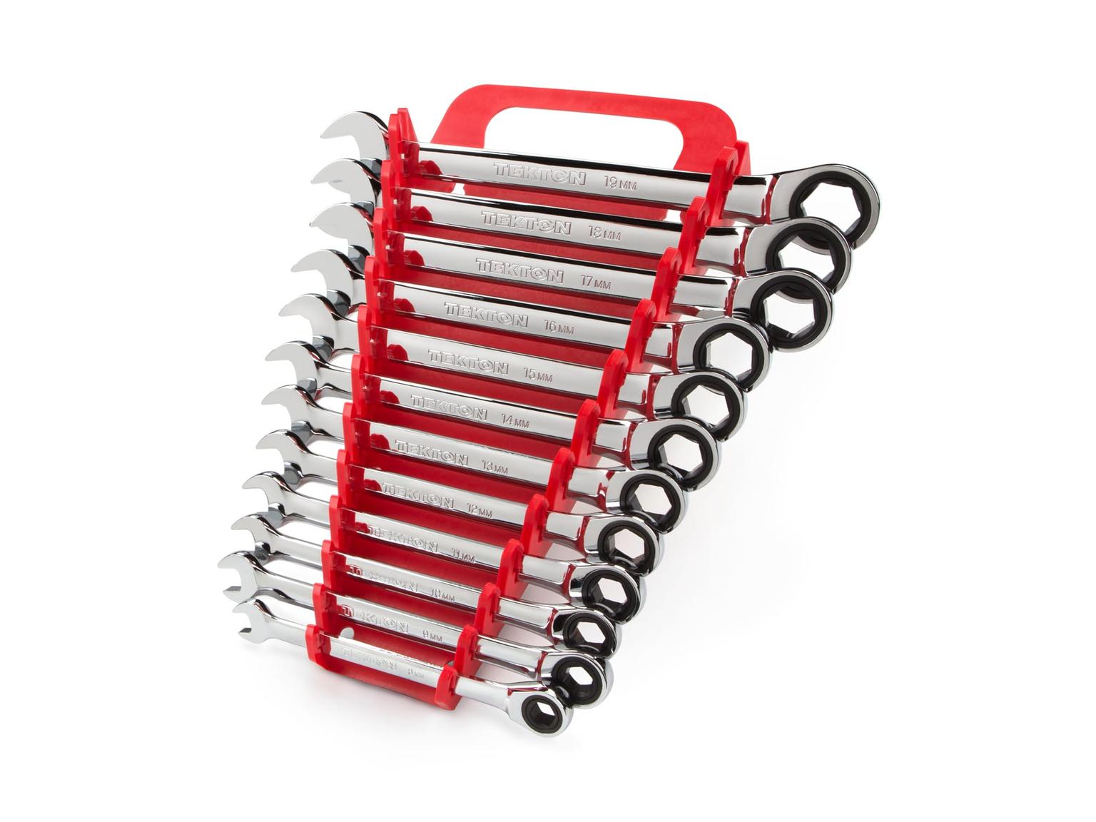 TEKTON WRN53170-T Ratcheting Combination Wrench Set with Holder, 12-Piece (8-19 mm)