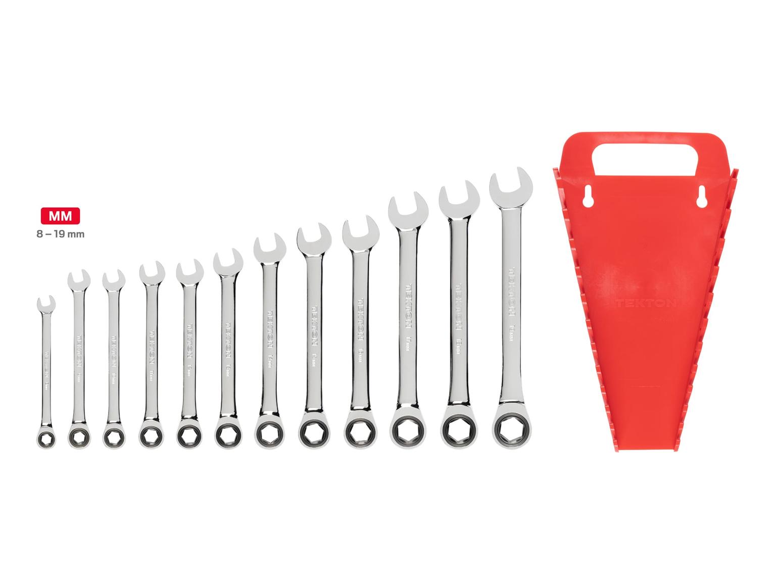 TEKTON WRN53170-T Ratcheting Combination Wrench Set with Holder, 12-Piece (8-19 mm)