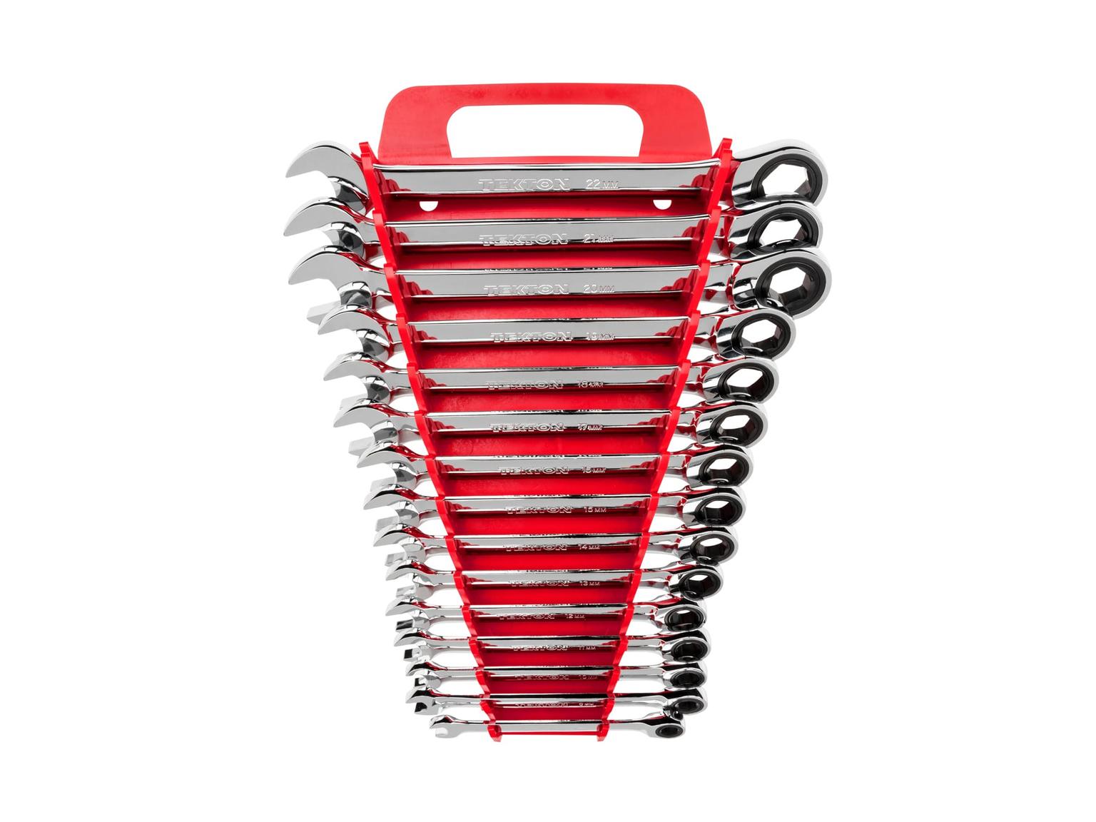TEKTON WRN53171-T Ratcheting Combination Wrench Set with Holder, 15-Piece (8-22 mm)