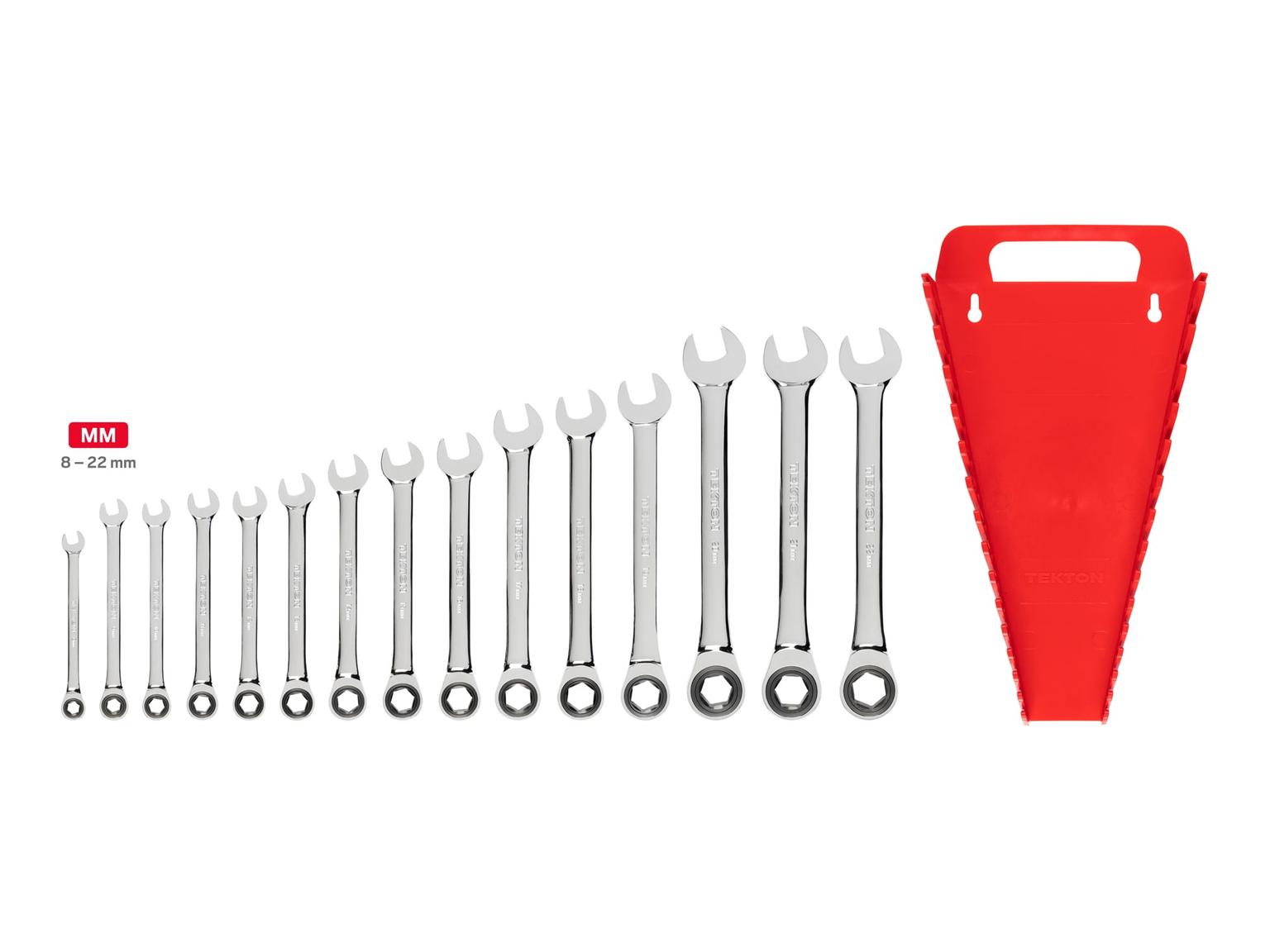 TEKTON WRN53171-T Ratcheting Combination Wrench Set with Holder, 15-Piece (8-22 mm)