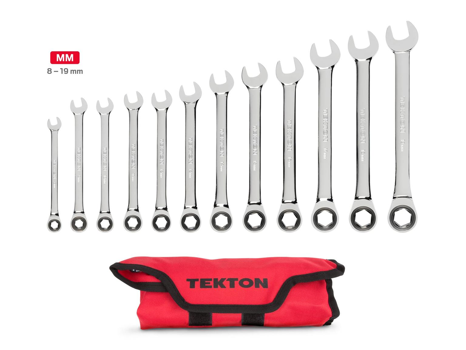 TEKTON WRN53190-T Ratcheting Combination Wrench Set with Pouch, 12-Piece (8-19 mm)