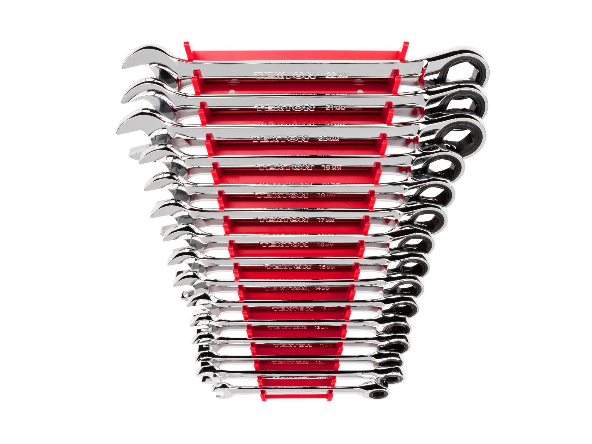TEKTON WRN53191-T Ratcheting Combination Wrench Set with Rack, 15-Piece (8-22 mm)