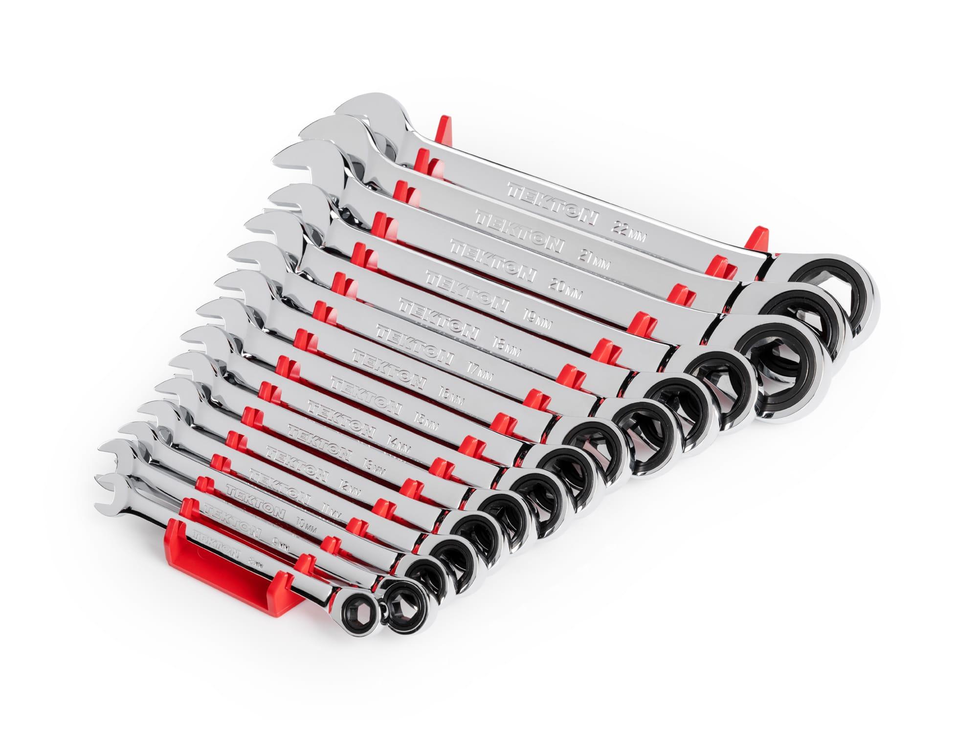 TEKTON WRN53191-T Ratcheting Combination Wrench Set with Rack, 15-Piece (8-22 mm)