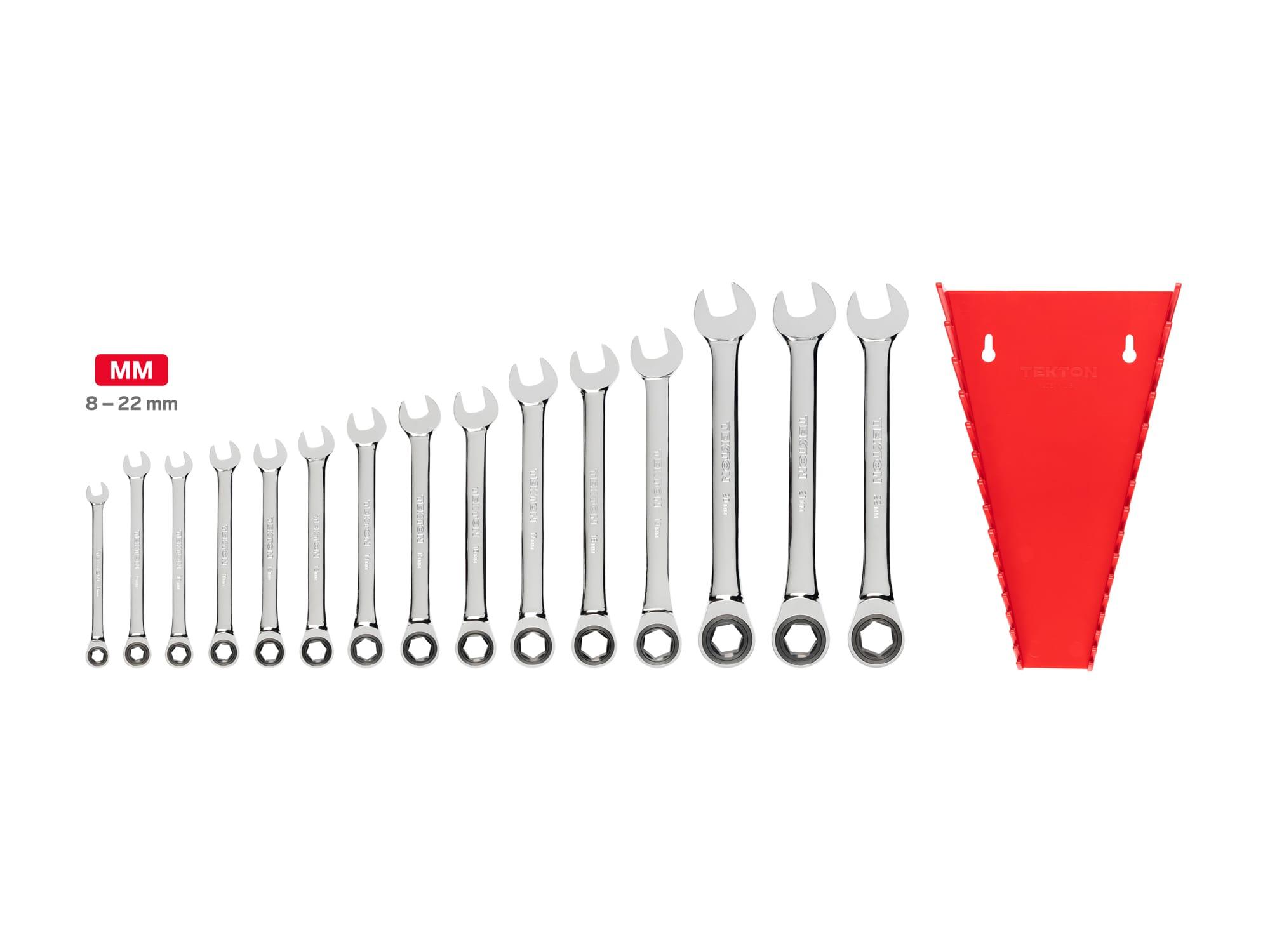 TEKTON WRN53191-T Ratcheting Combination Wrench Set with Rack, 15-Piece (8-22 mm)