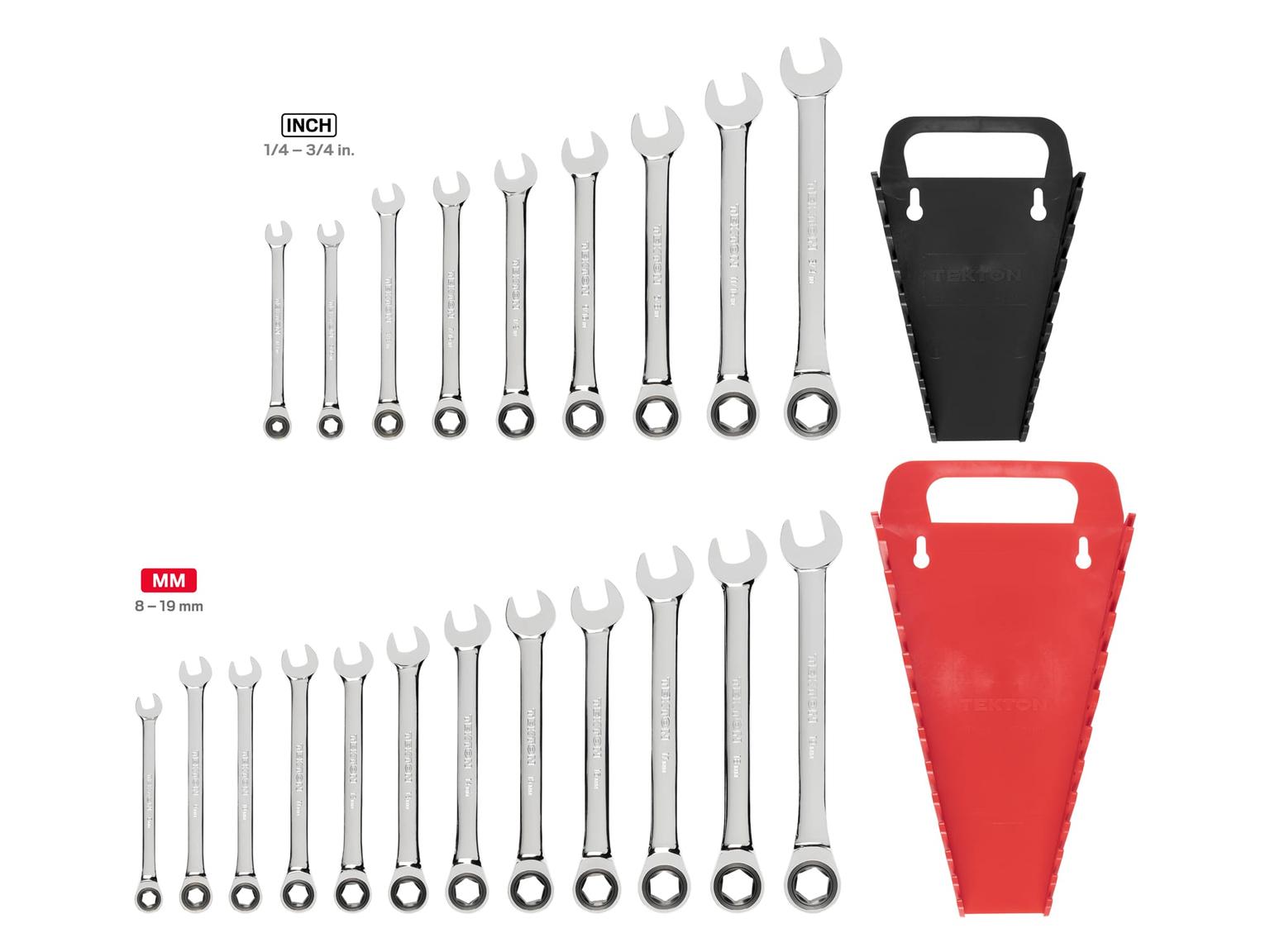 TEKTON WRN53321-T Ratcheting Combination Wrench Set with Holder, 21-Piece (1/4-3/4 in., 8-19 mm)