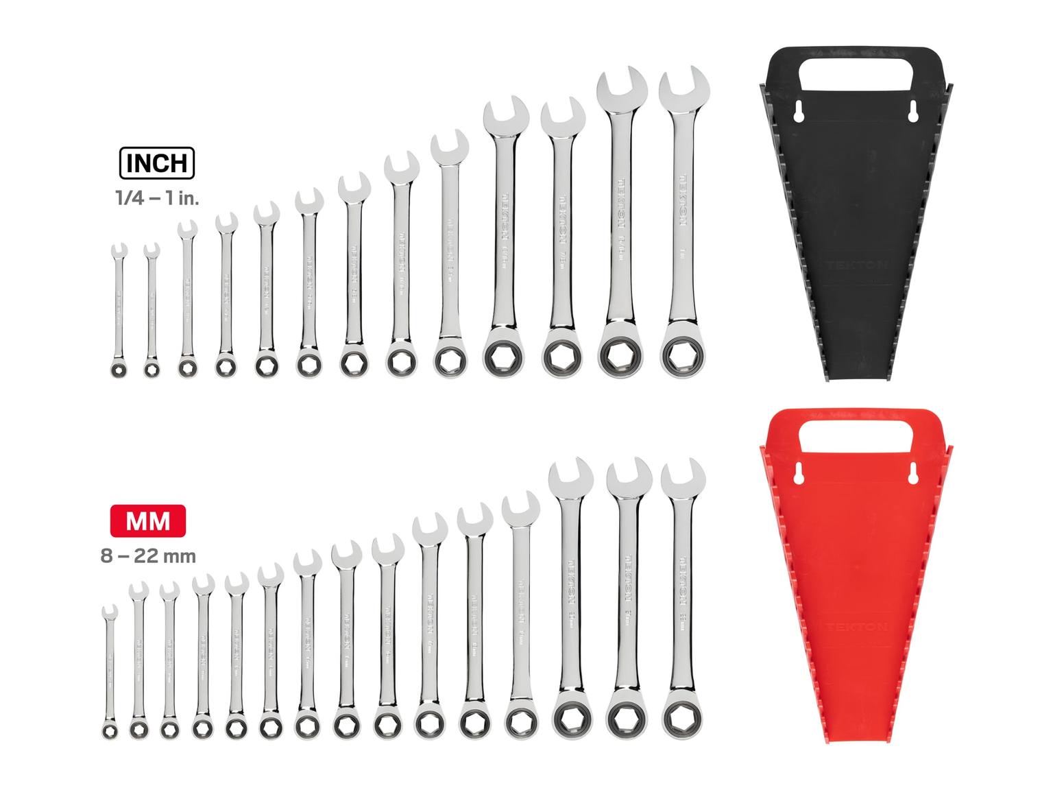 TEKTON WRN53322-T Ratcheting Combination Wrench Set with Holder, 28-Piece (1/4-1 in., 8-22 mm)