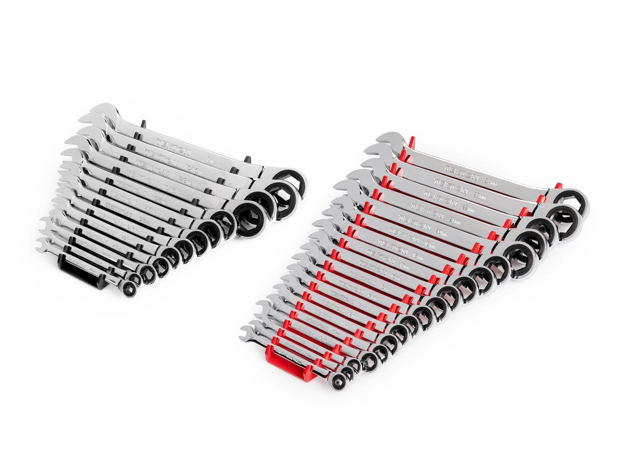 TEKTON WRN53341-T Ratcheting Combination Wrench Set with Rack, 32-Piece (1/4-1 in., 6-24 mm)