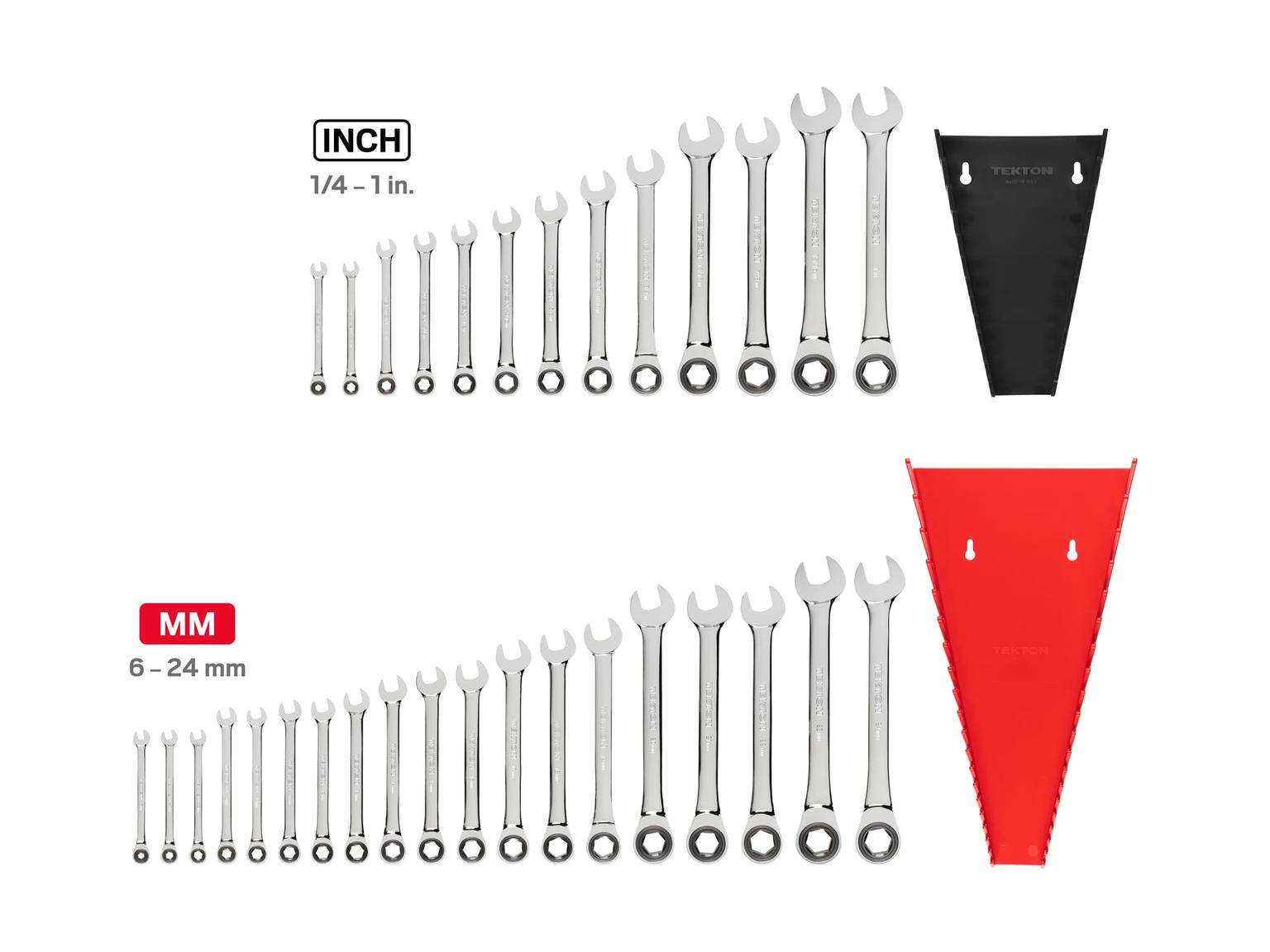 TEKTON WRN53341-T Ratcheting Combination Wrench Set with Rack, 32-Piece (1/4-1 in., 6-24 mm)