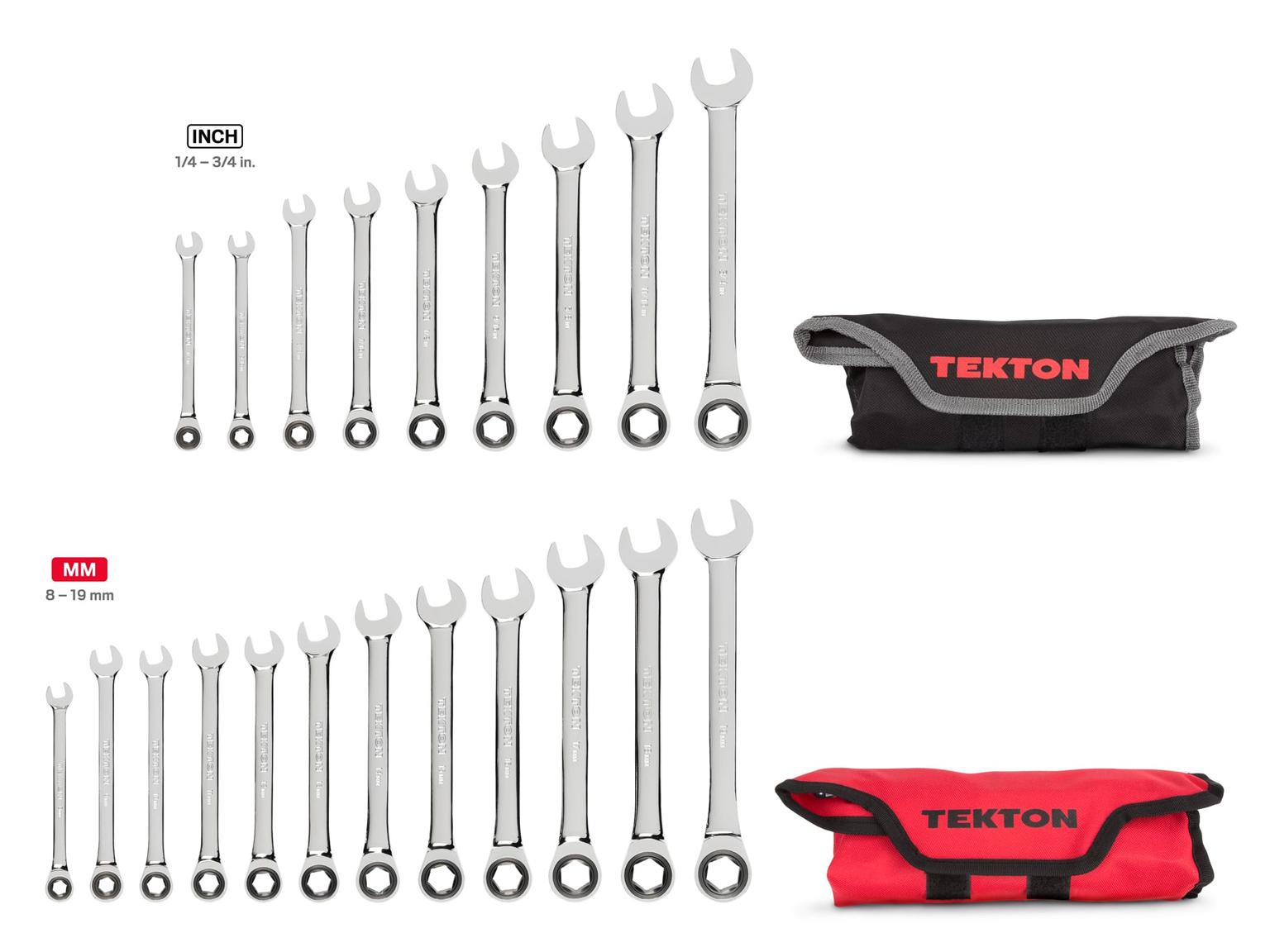 TEKTON WRN53361-T Ratcheting Combination Wrench Set with Pouch, 21-Piece (1/4-3/4 in., 8-19 mm)