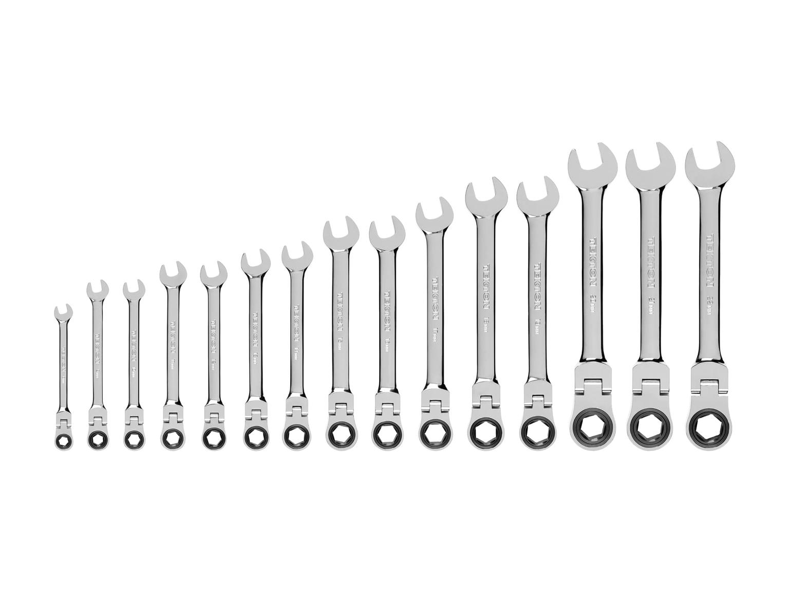 TEKTON WRN57161-T Flex Ratcheting Combination Wrench Set, 15-Piece (8-22 mm)