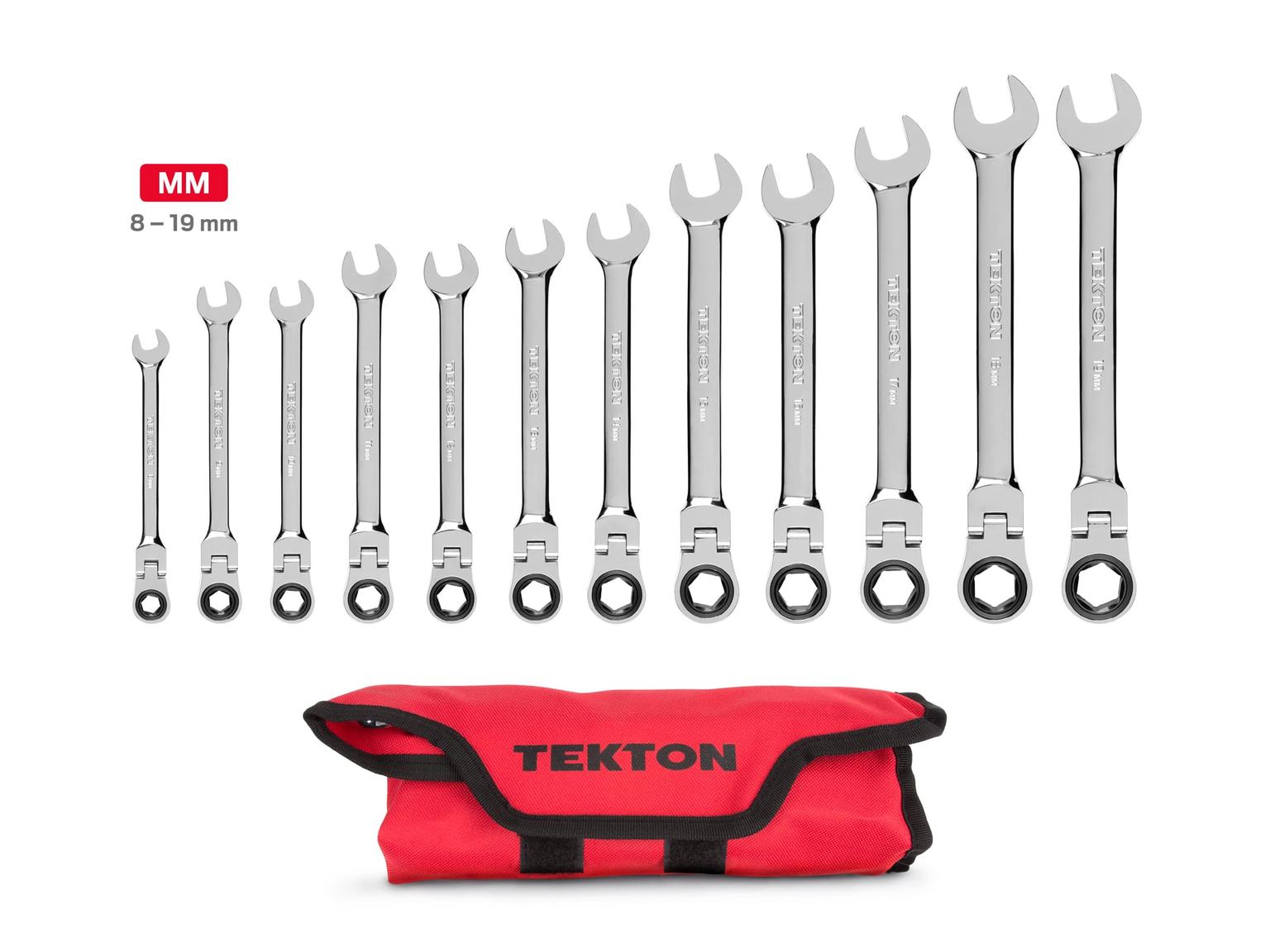 TEKTON WRN57190-T Flex Ratcheting Combination Wrench Set with Pouch, 12-Piece (8-19 mm)