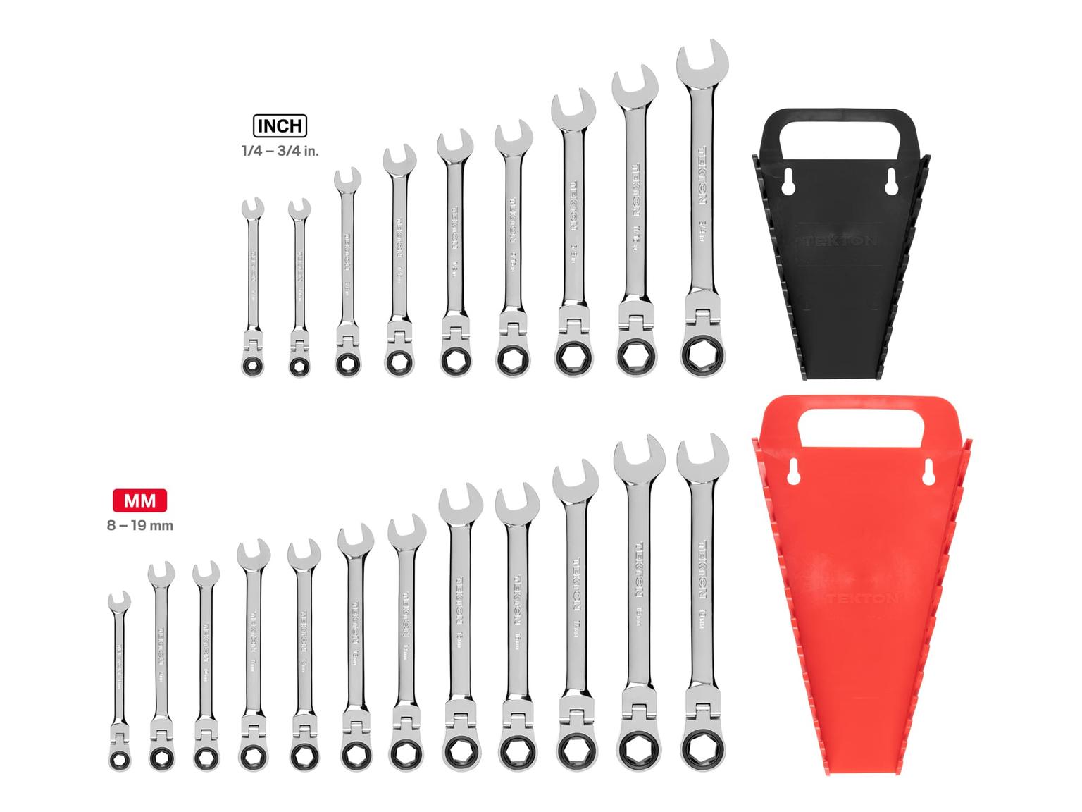 TEKTON WRN57321-T Flex Ratcheting Combination Wrench Set with Holder, 21-Piece (1/4-3/4 in., 8-19 mm)