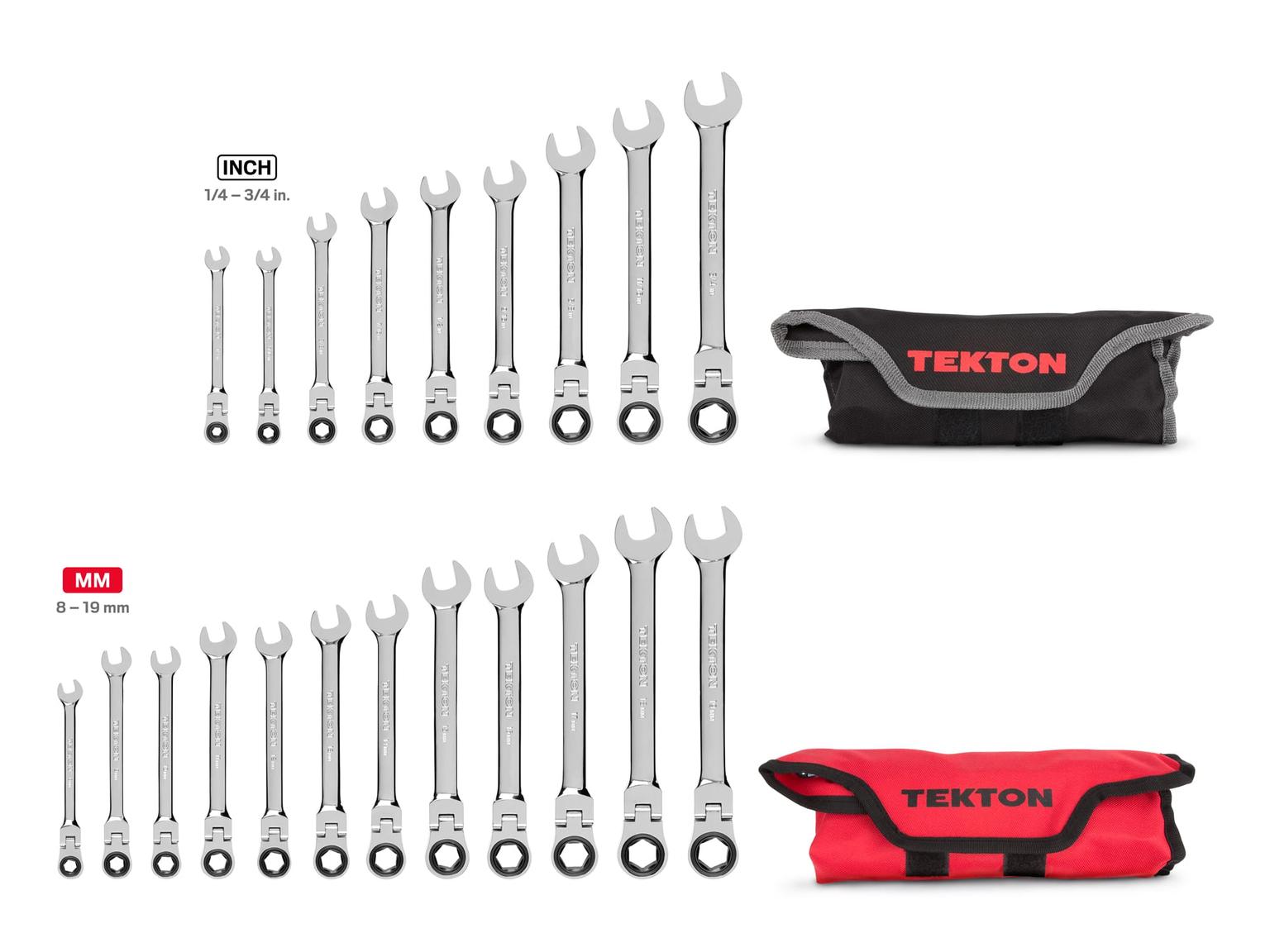 TEKTON WRN57361-T Flex Ratcheting Combination Wrench Set with Pouch, 21-Piece (1/4-3/4 in., 8-19 mm)