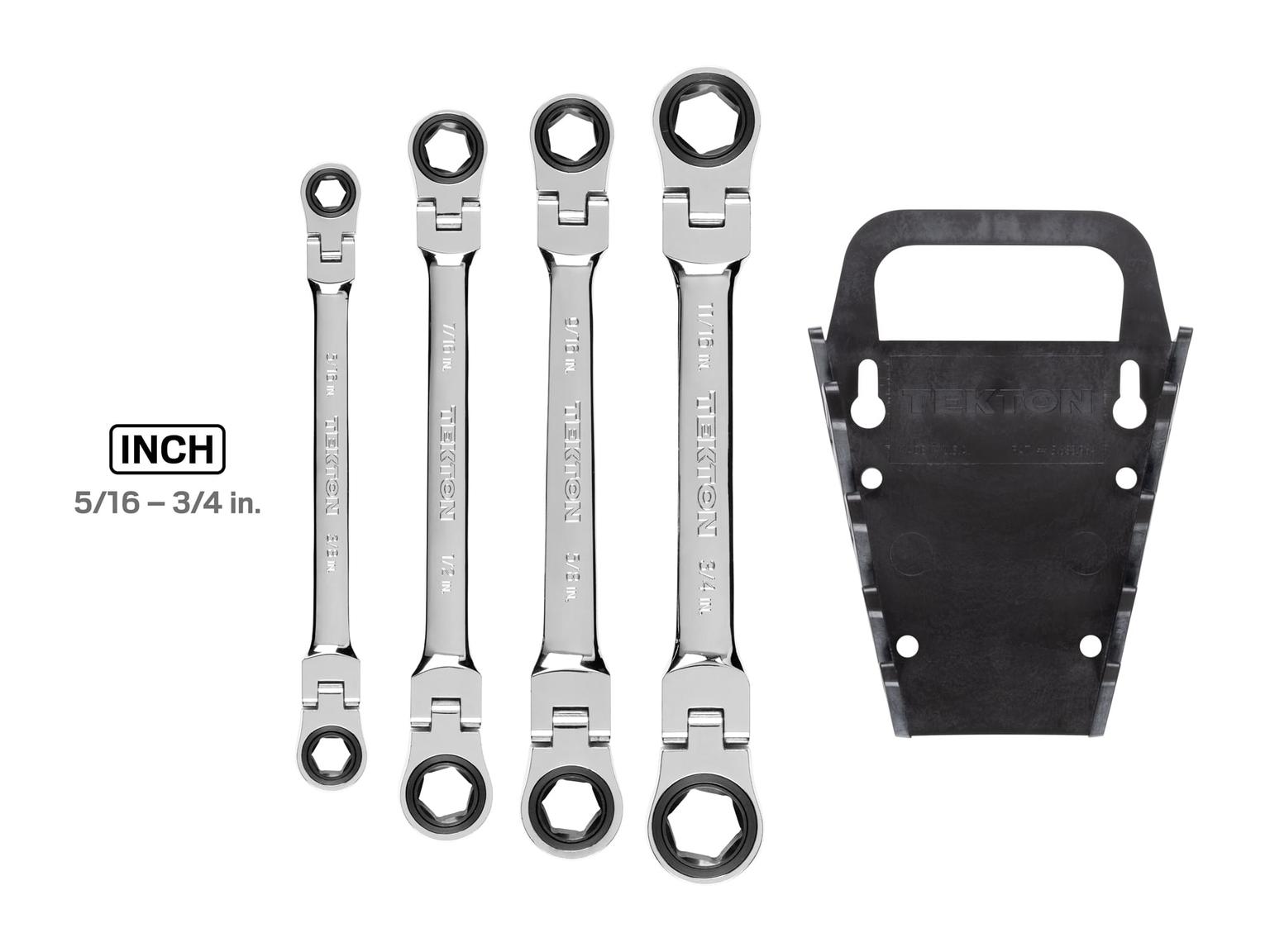 TEKTON WRN76062-T Flex Ratcheting Box End Wrench Set with Holder, 4-Piece (5/16-3/4 in.)