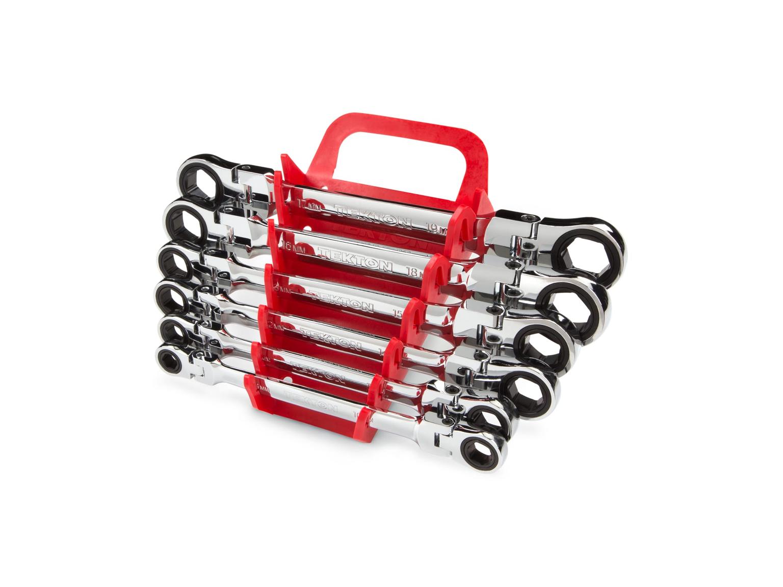 TEKTON WRN76164-T Flex Ratcheting Box End Wrench Set with Holder, 6-Piece (8-19 mm)