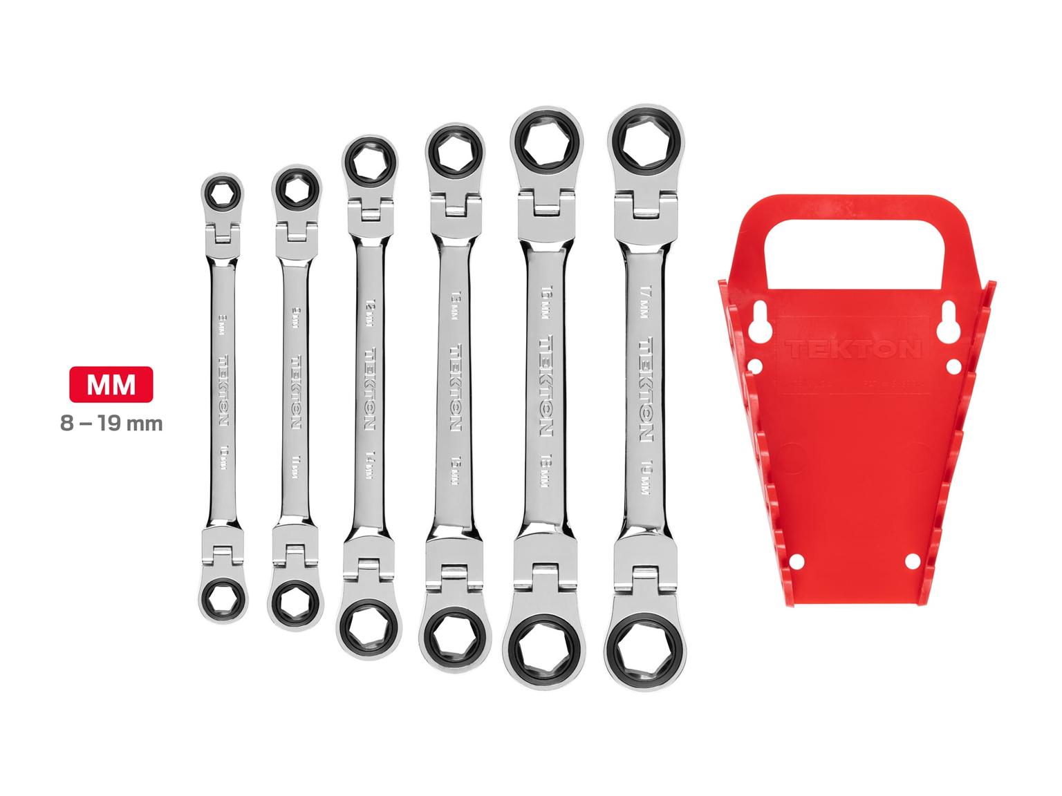 TEKTON WRN76164-T Flex Ratcheting Box End Wrench Set with Holder, 6-Piece (8-19 mm)