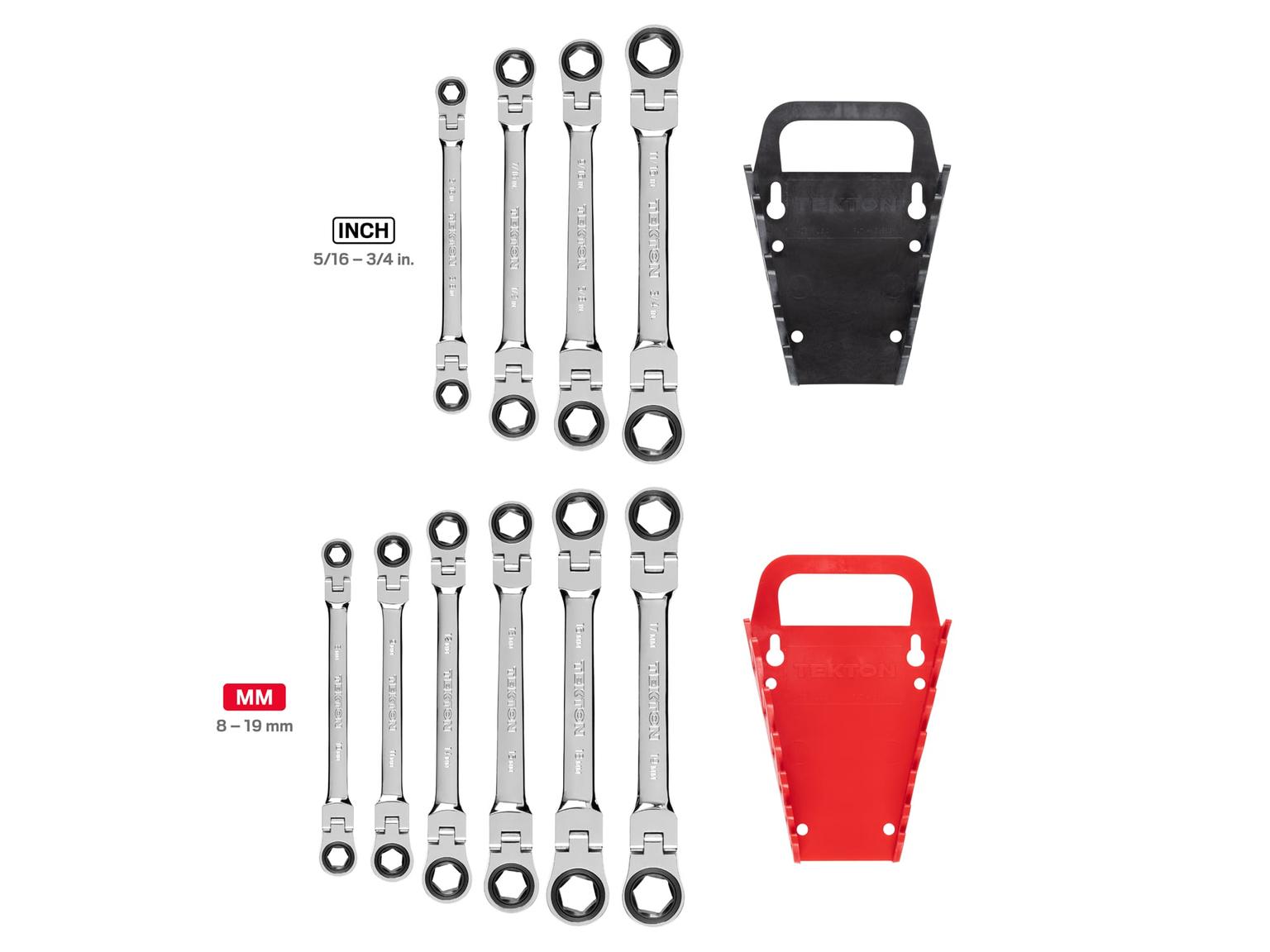 TEKTON WRN76321-T Flex Ratcheting Box End Wrench Set with Holder, 10-Piece (5/16-3/4 in., 8-19 mm)