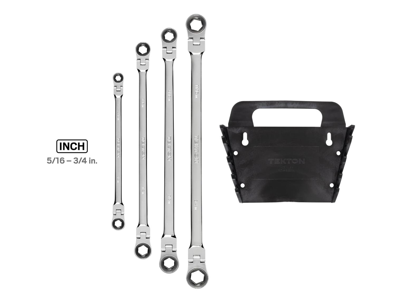 TEKTON WRN77062-T Long Flex Ratcheting Box End Wrench Set with Holder, 4-Piece (5/16-3/4 in.)