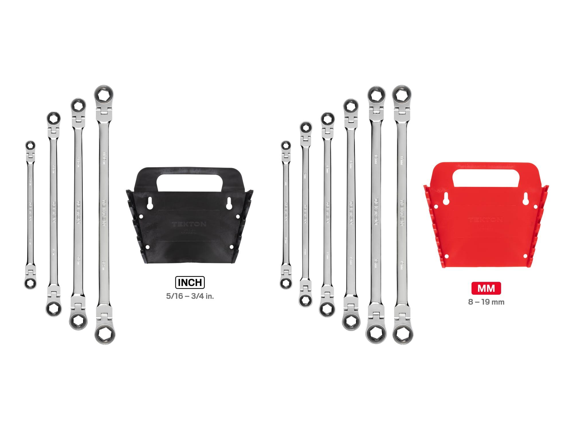 TEKTON WRN77321-T Long Flex Ratcheting Box End Wrench Set with Holder, 10-Piece (5/16-3/4 in., 8-19 mm)