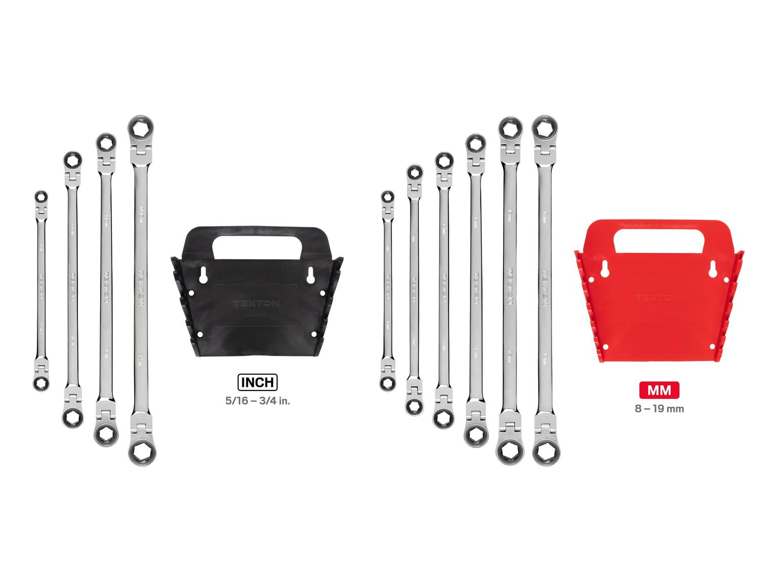 TEKTON WRN77321-T Long Flex Ratcheting Box End Wrench Set with Holder, 10-Piece (5/16-3/4 in., 8-19 mm)
